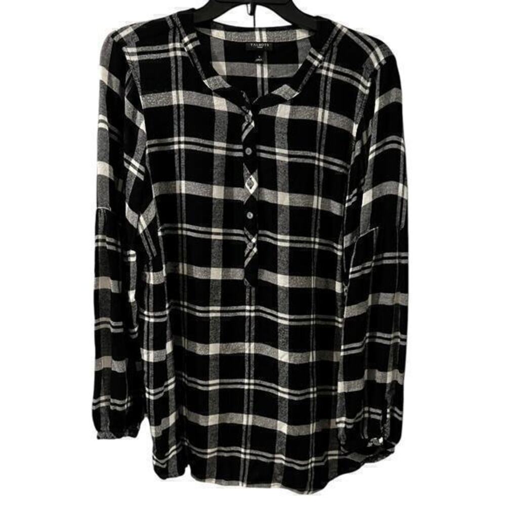 Talbots Woman’s Black White Gathered Long Sleeve Flannel 1/2 button Size 0X - Picture 1 of 8